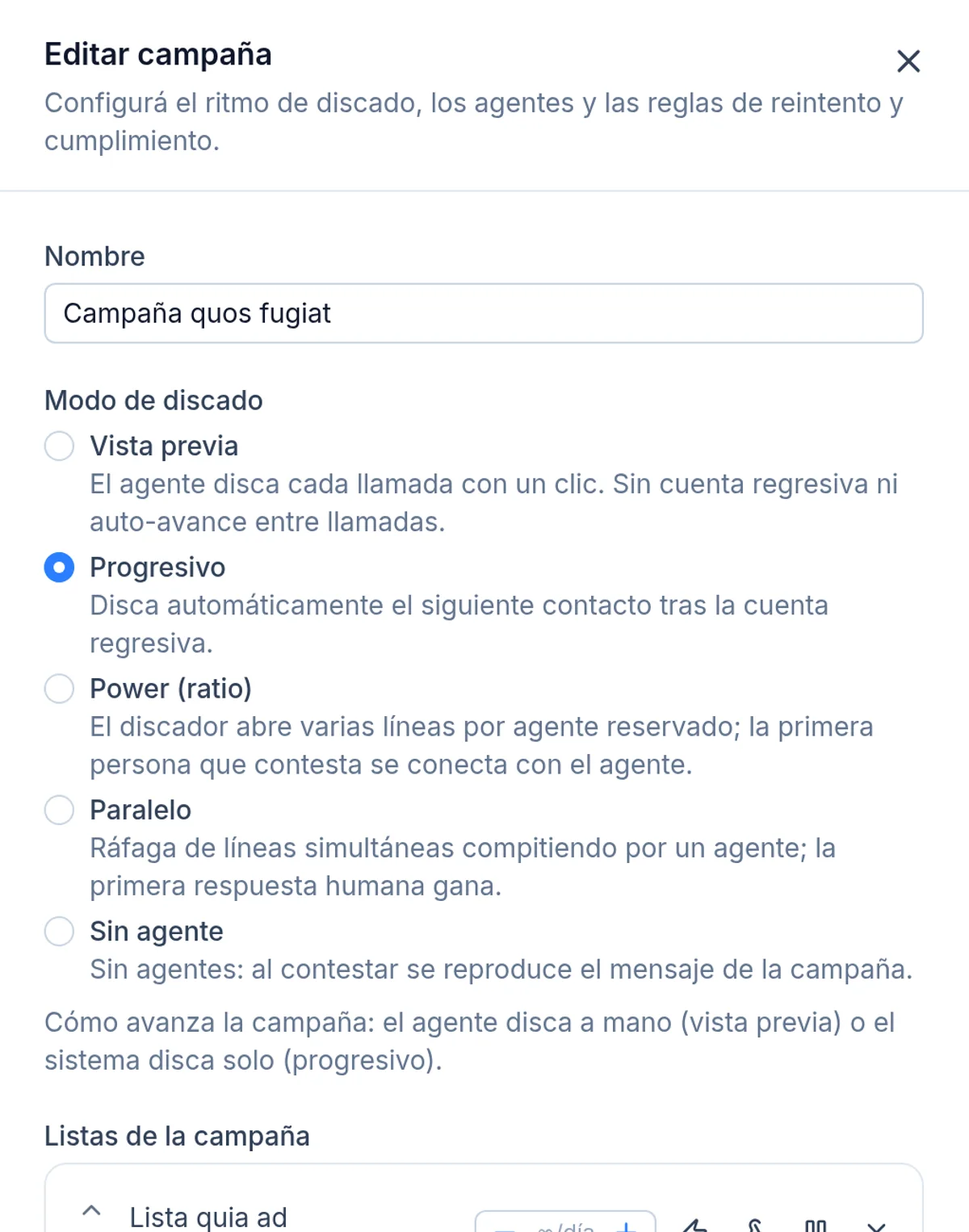 Documentación: Campañas: listas priorizadas, atribución y qué pasa al pausar una fuente